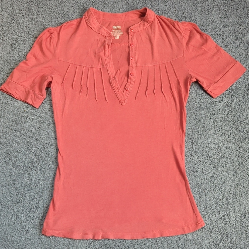 Mossimo Pleated Rust Orange Button-Up V-NeckTop